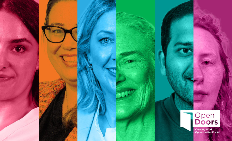Multicoloured photos of six people in narrow columns, Open Doors logo